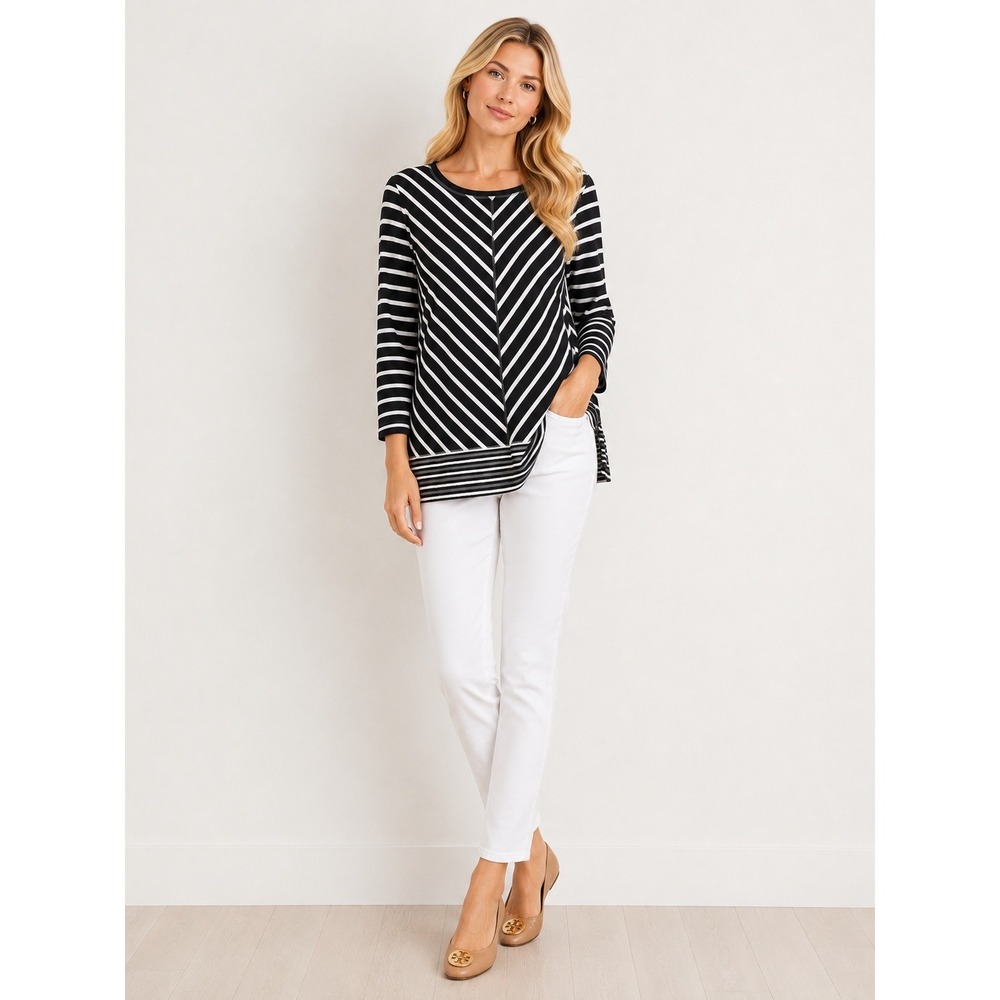 Cable & Gauge Tunic Top Womens L Black White Chevron Striped Long Sleeves Cotton